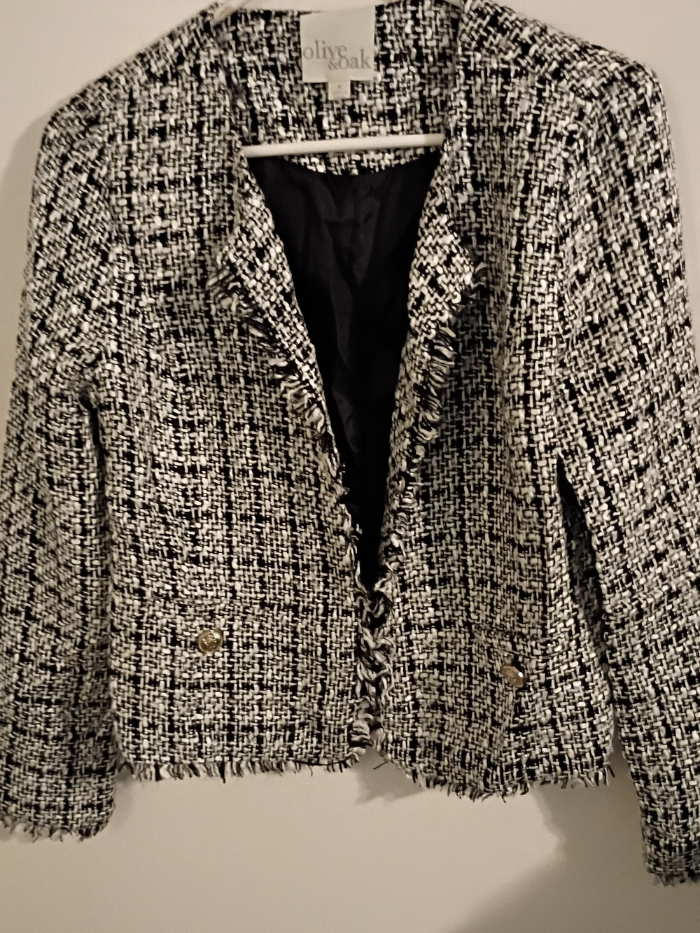 Olive & Oak Black and White Tweed Fringed Blazer